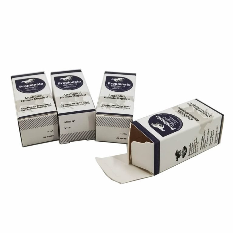 White and navy printed medicine cartons on a white background